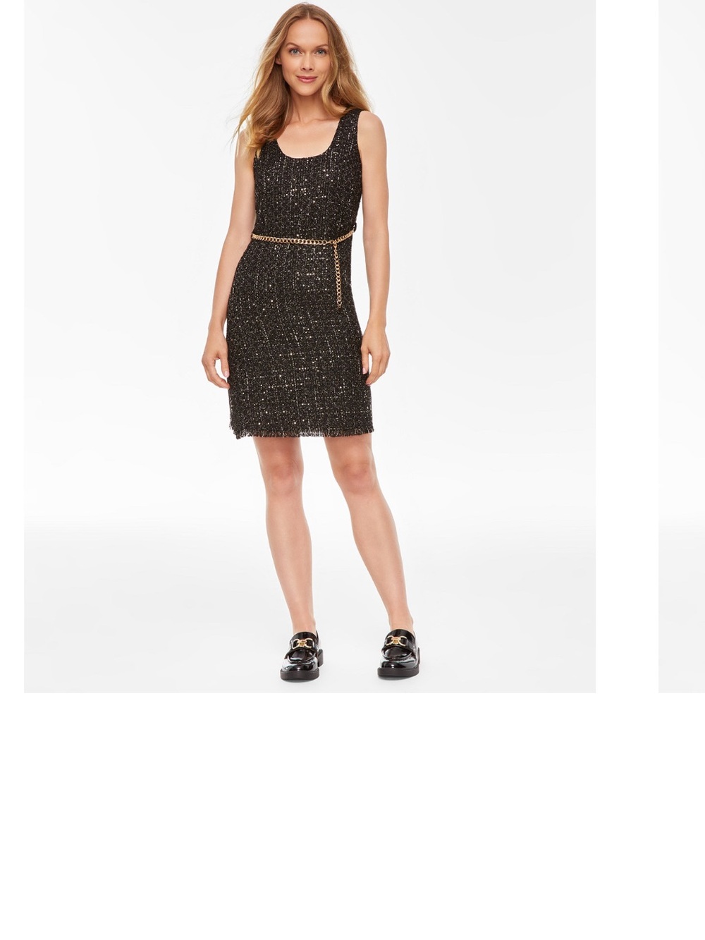 INC International Concepts Black Tweed Sleeveless Shift Dress with Gold Chain